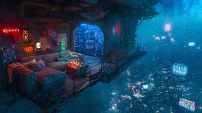 冬雪夜科幻空中阁楼