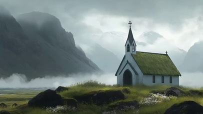 阴天朦胧云雾山下教堂