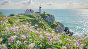 海岸悬崖花海唯美风景
