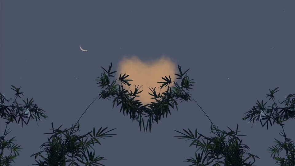 暗蓝夜空下深绿竹枝衬着弯月与暖橙色心形云彩，星点散落天空。