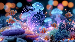 梦幻唯美发光深海水母世界