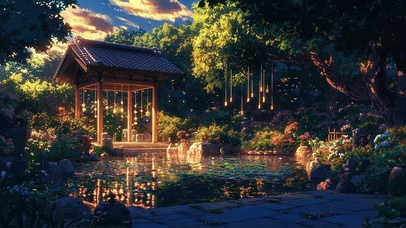 傍晚树林静谧池塘古亭