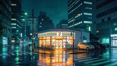 城市雨夜街角便利店