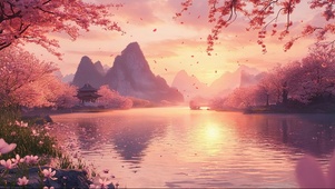 粉色山水湖畔晚霞