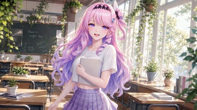 教室粉发二次元美少女