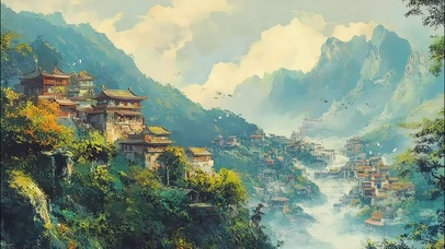 山林古风城市建筑溪流