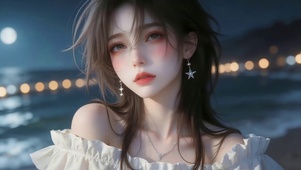 夜晚海边女孩