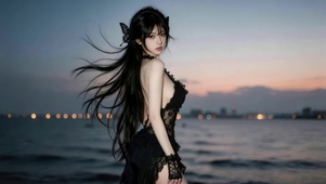 夜景海边女孩