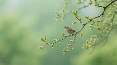 绿芽枝头小鸟