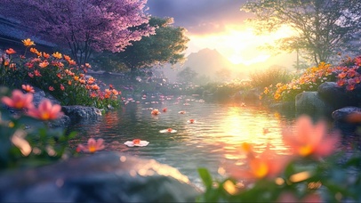 静谧日出樱花溪流
