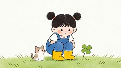 女孩与猫咪带鱼屏