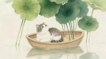 荷叶下猫咪