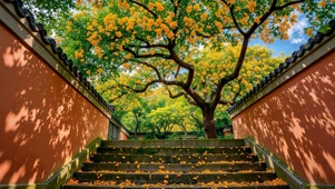 红墙黄花古阶静谧风景