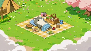 樱花草地上的野餐猫咪