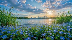 日落湖畔的蓝色花海