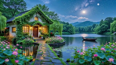 月下湖畔的童话小屋