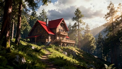 阳光下的山间小屋