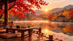 秋天日出湖畔