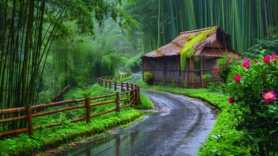 雨中小茅屋
