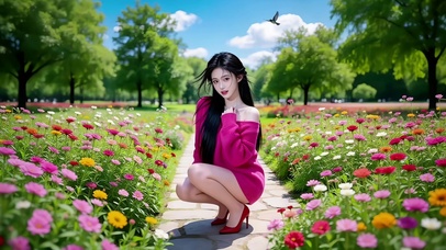 蹲在鲜花小道里比心的性感美女2