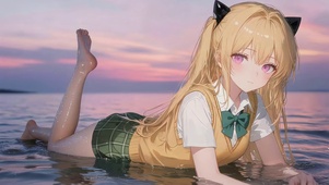 黄昏海面可爱女孩
