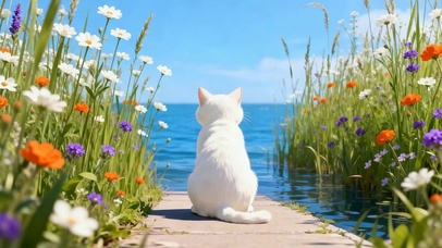 花丛中望着海景猫咪