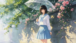 雨天墙角女孩