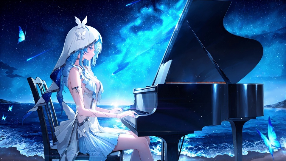 蓝发穿白裙少女在海边弹奏黑色三角钢琴，蓝蝴蝶环绕身旁