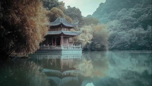 清冷秋日山林湖畔古亭