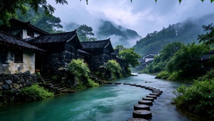 云山古寨雨天