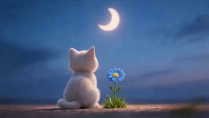 月夜凝望的小白猫