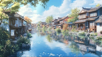 晴天溪流河岸古镇建筑