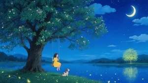 夜晚树下荡秋千