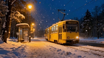 冬日雪天深夜车站最后一班电车