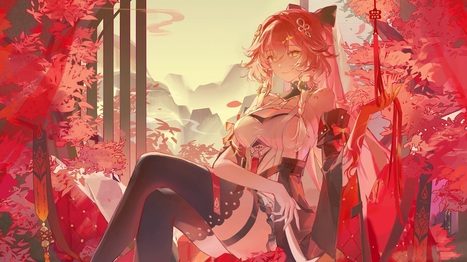 红发二次元少女在红叶林木与浅山之间的古风动漫插画