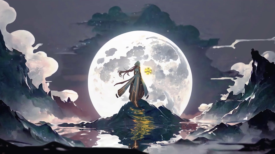 国风插画风格夜景，身着长袍的古风男性立于临水孤峰之上，身后悬着巨型满月，水面倒映月光与金色纹路，四周是深青蓝色的中式山水。