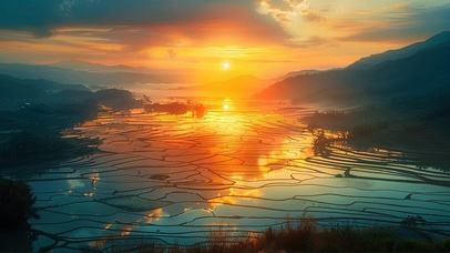 日落镜面水田