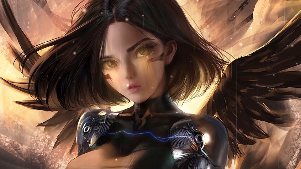 短黑发机械义体少女，黑色羽翼在暖金色逆光中展开