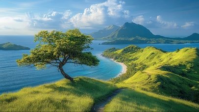 蓝天阳光清新绿色海岛