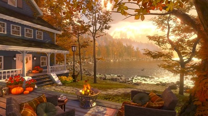 夕阳下秋天落叶湖边