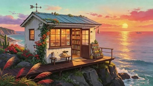 沧海慕霞绕木屋