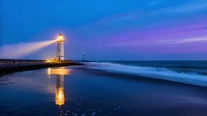 暮色海岸灯塔唯美海景