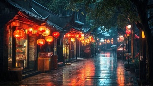 静谧阴雨古城商业街到
