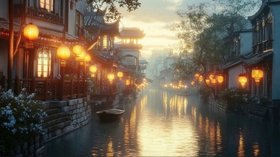 水乡古风建筑落日夕阳