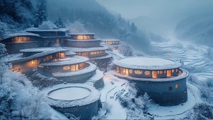 冬日积雪山谷村落