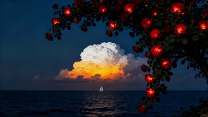 夜晚海边玫瑰花