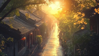 俯瞰黄昏时分古城街道