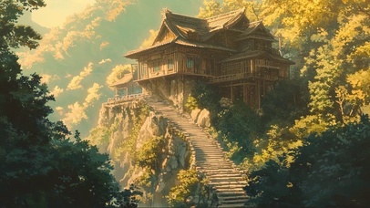 绿色山林静谧古风建筑