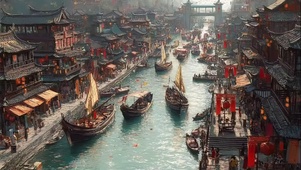 繁华古代河岸古城小镇