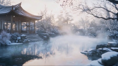 黄昏雪景庭院古亭池塘